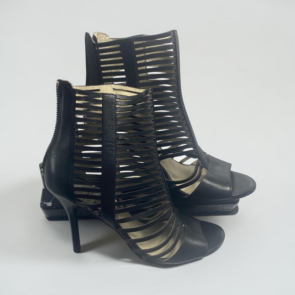 Michael Kors Black Leather Cage Sandals Gladiator Stiletto Heels Size 7M